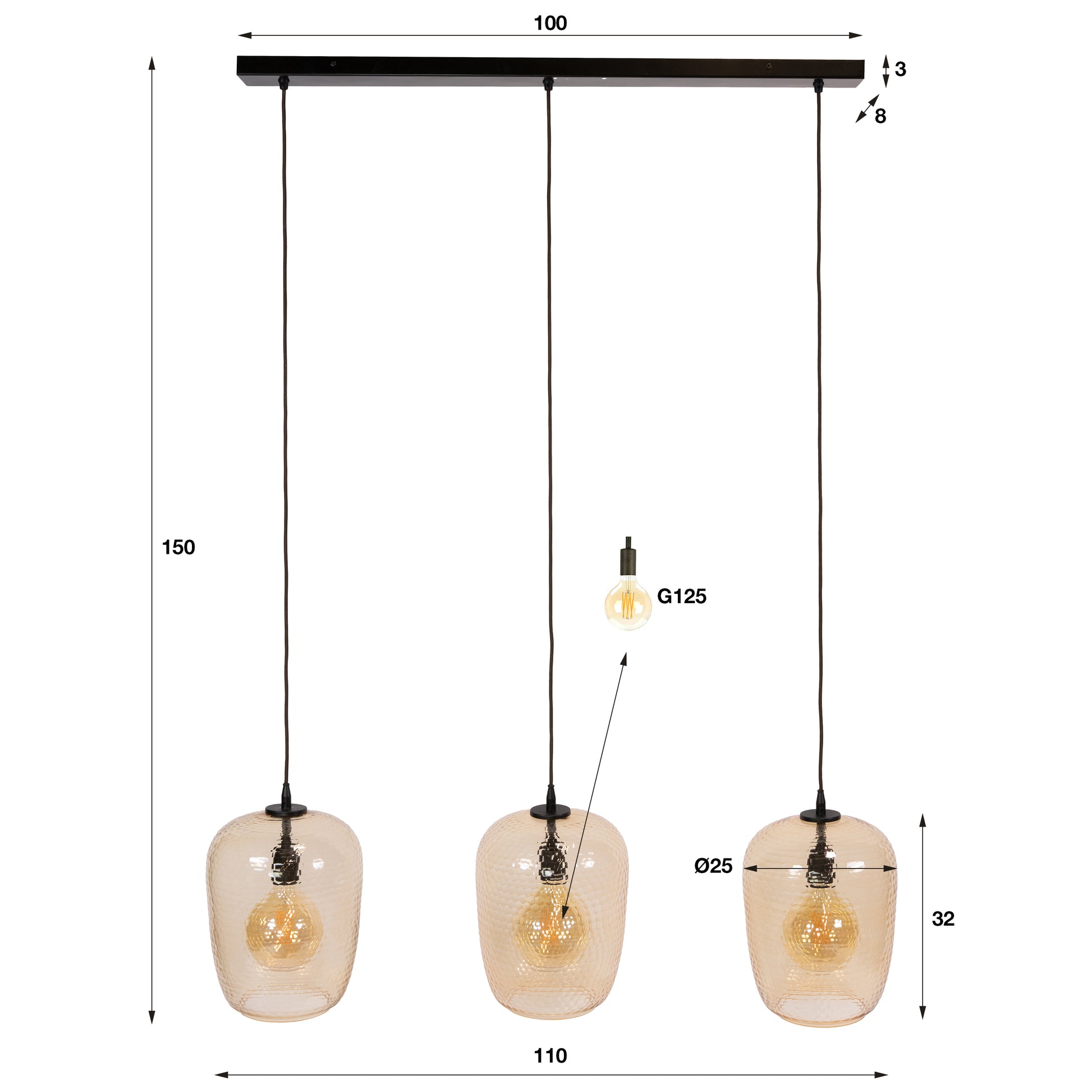 Pendelleuchte – 110×25×150 cm – Amberfarbenes Glas | Modell N0371