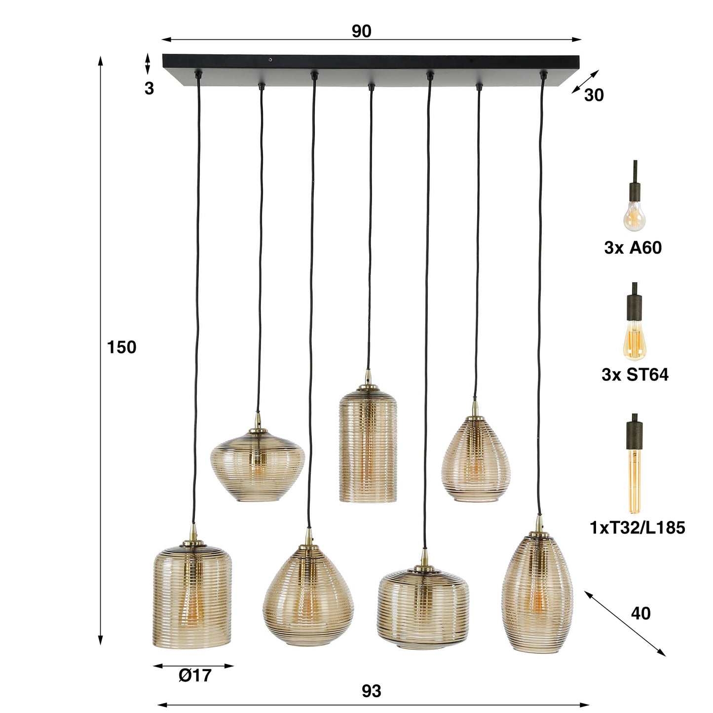 Pendelleuchte – 93×40×150 cm – Amberfarbenes Glas | Modell N0373