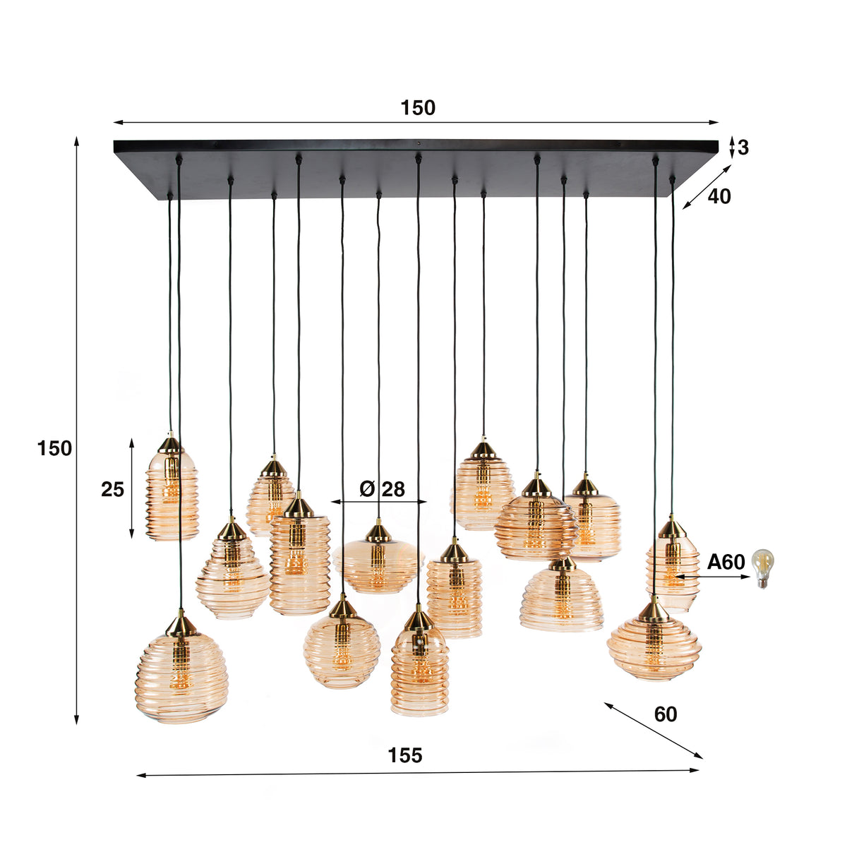 Pendelleuchte – 155×60×150 cm – Amberfarbenes Glas | Modell N0374