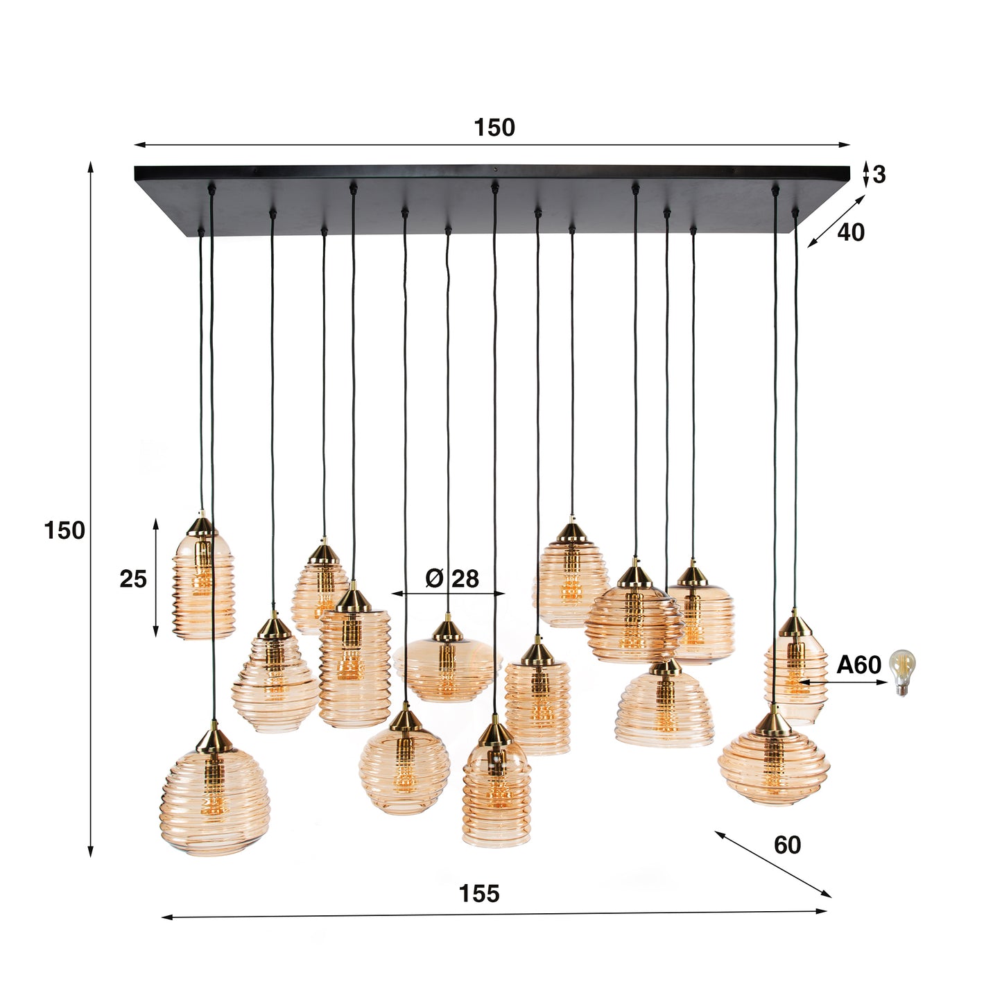 Pendelleuchte – 155×60×150 cm – Amberfarbenes Glas | Modell N0374