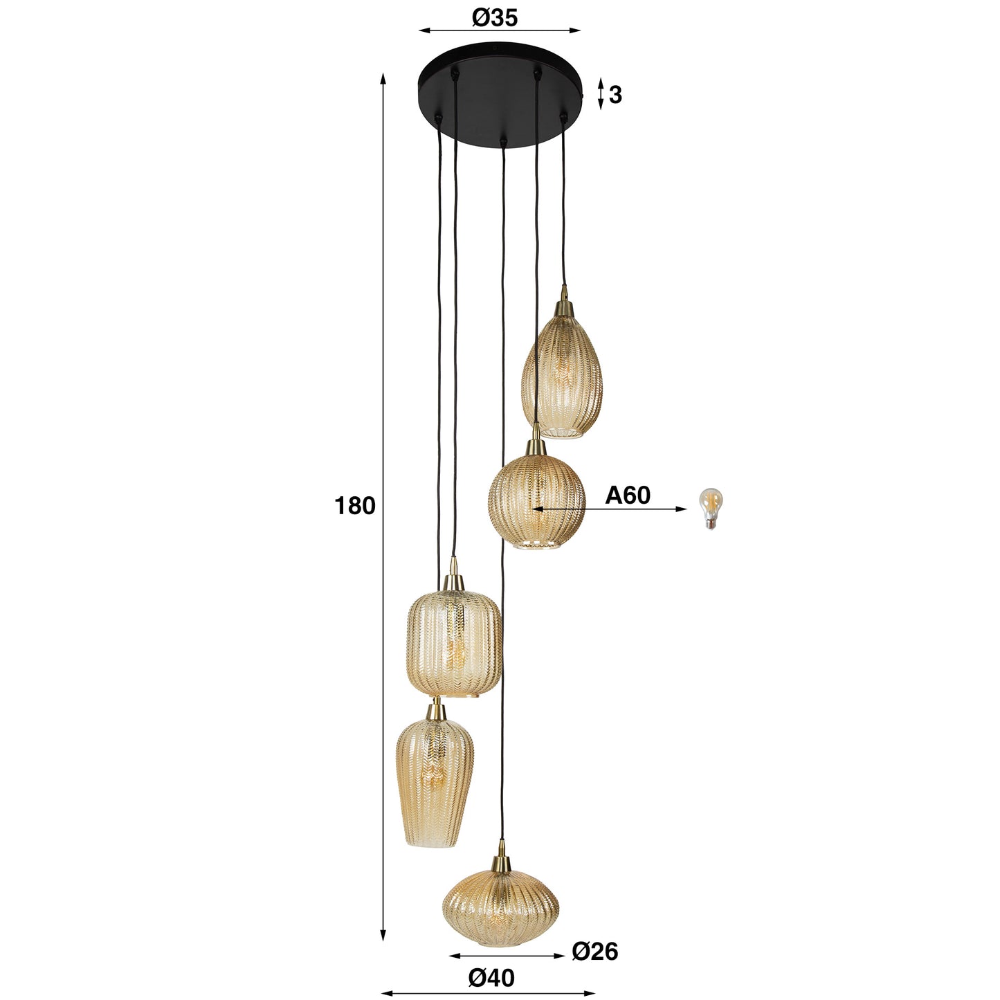 Pendelleuchte – 40×40×180 cm – Amberfarbenes Glas | Modell N0376