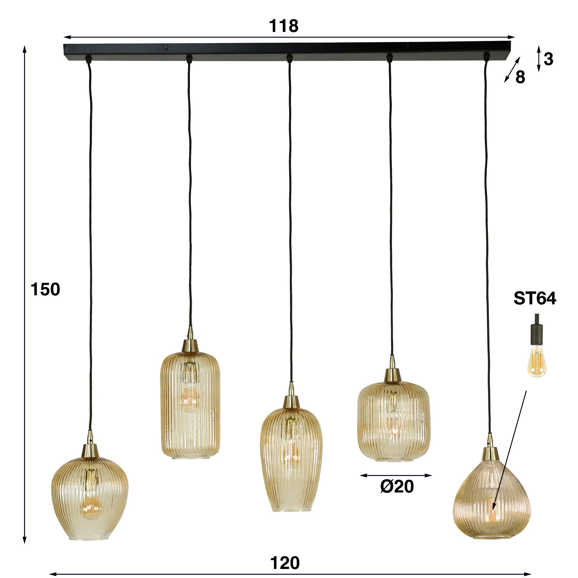 Pendelleuchte – 120×20×150 cm – Amberfarbenes Glas | Modell N0377