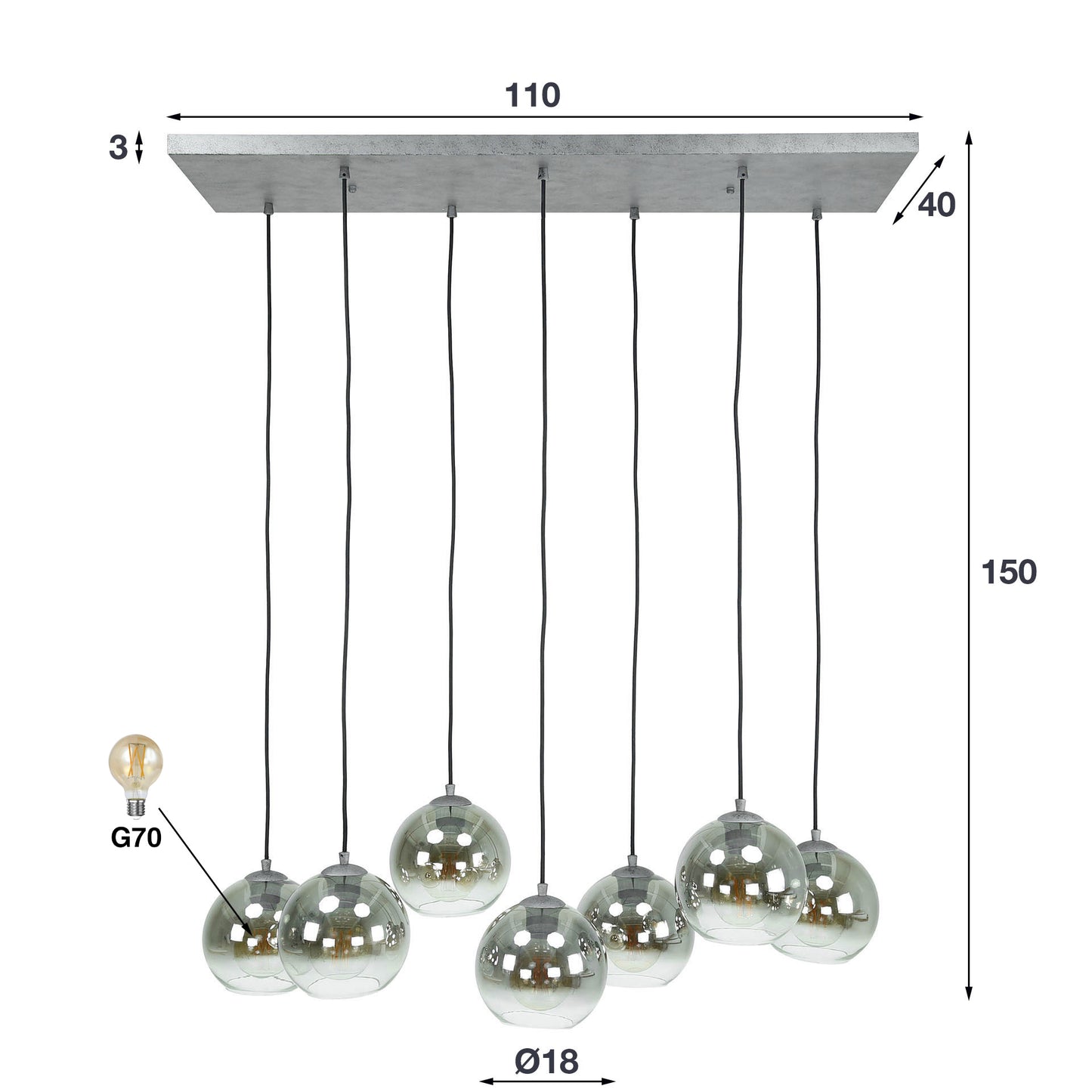 Pendelleuchte – 40×110×150 cm – Alt Silber | Modell N0383