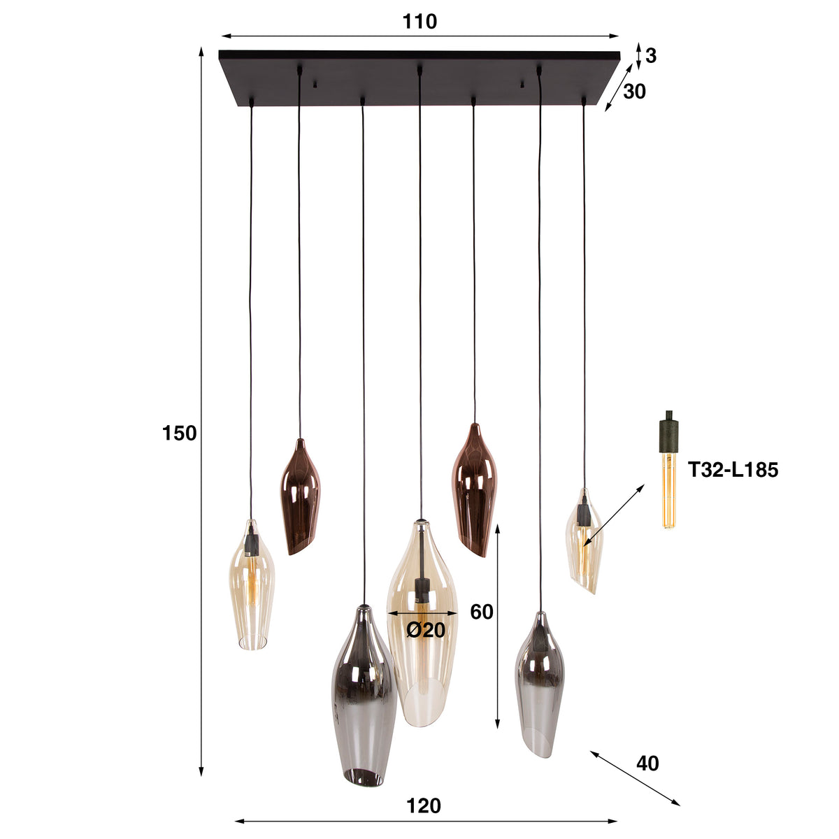 Pendelleuchte – 120×40×150 cm – Schwarz | Modell N0441