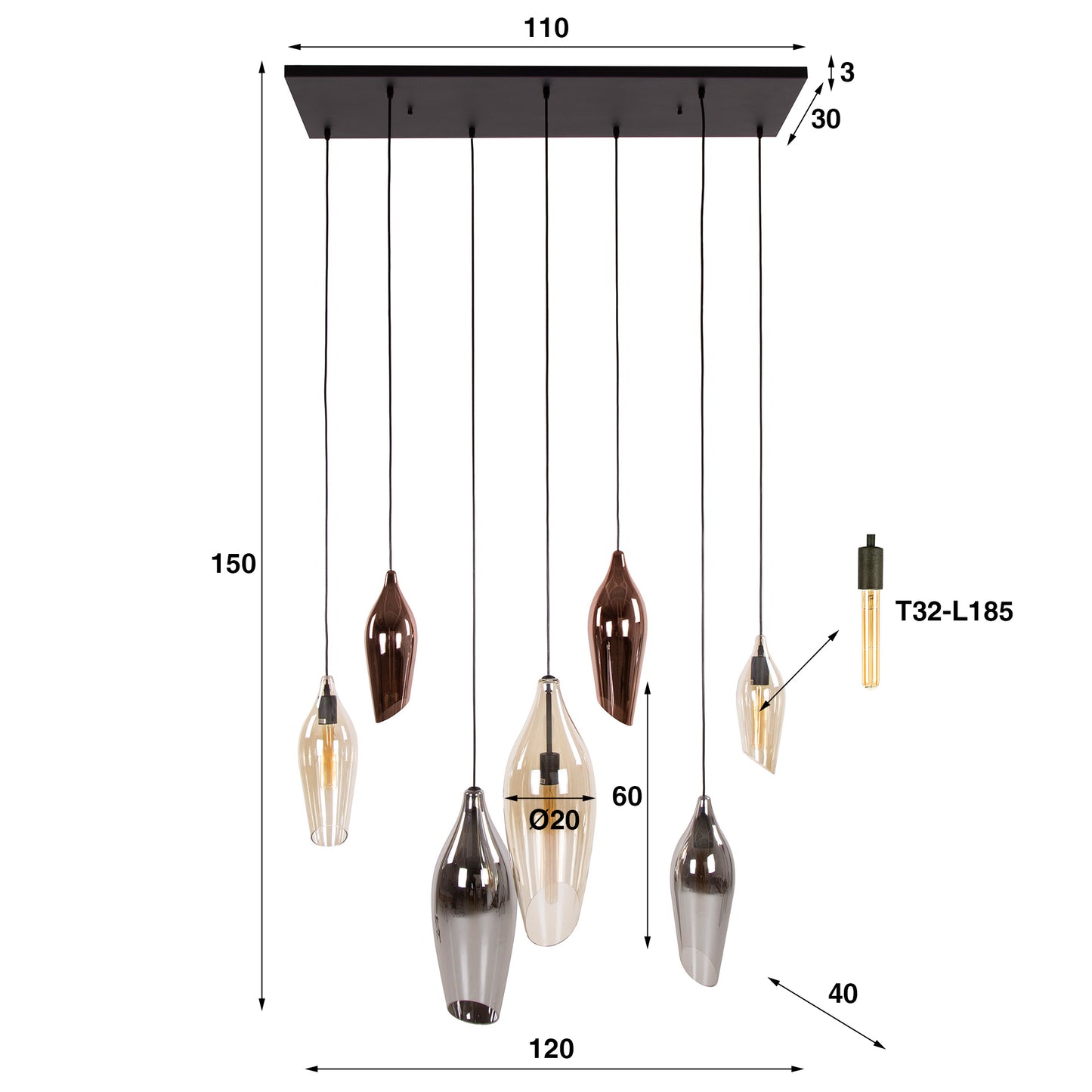 Pendelleuchte – 120×40×150 cm – Schwarz | Modell N0441
