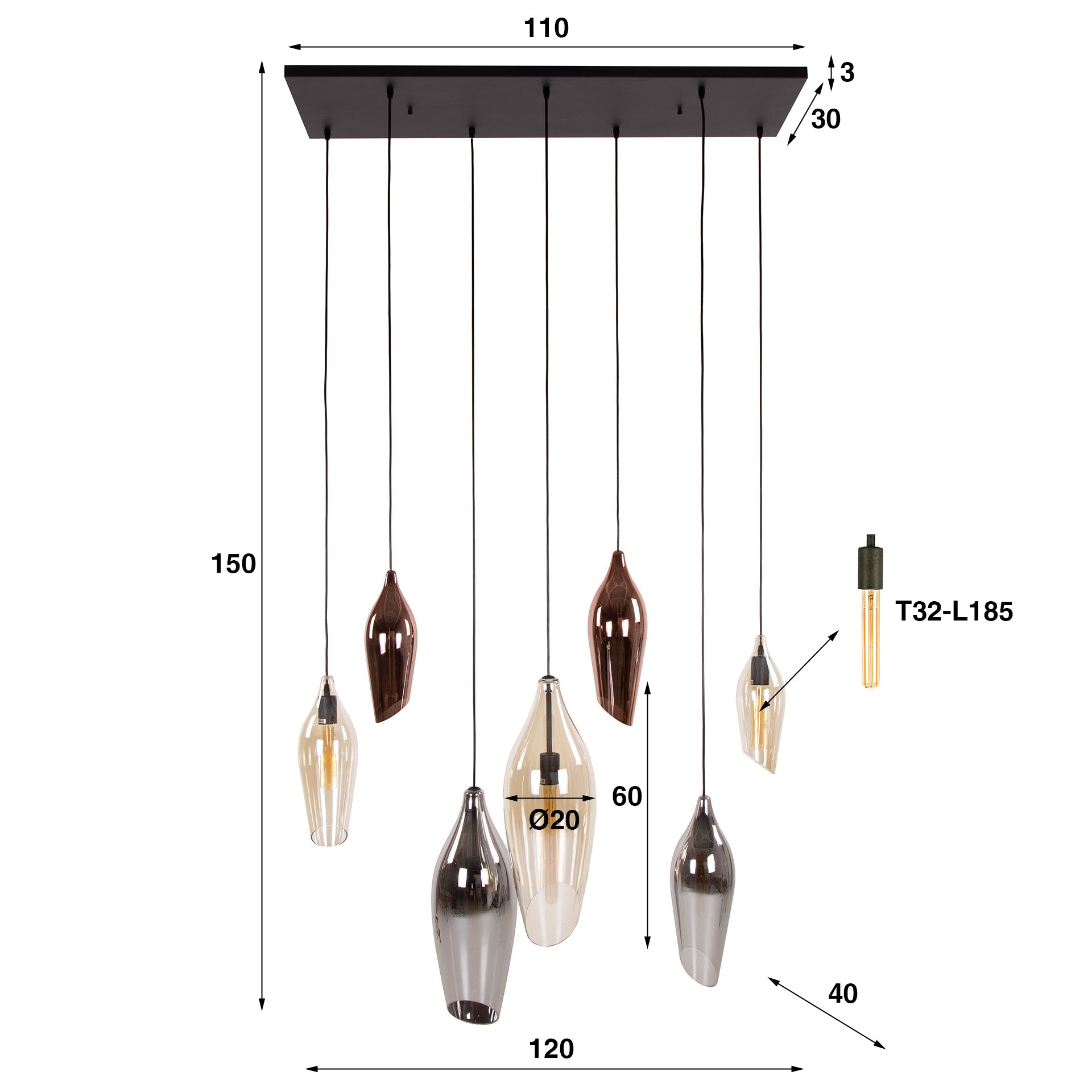 Pendelleuchte – 120×40×150 cm – Schwarz | Modell N0441