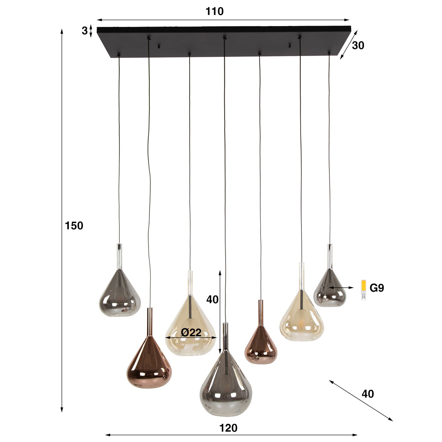Pendelleuchte – 120×40×150 cm – Schwarz | Modell N0448