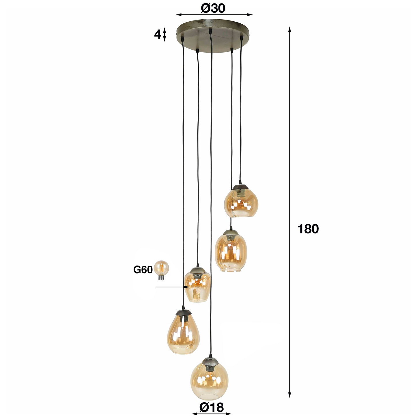 Pendelleuchte – 43×43×150 cm – Amberfarbenes Glas | Modell N0469