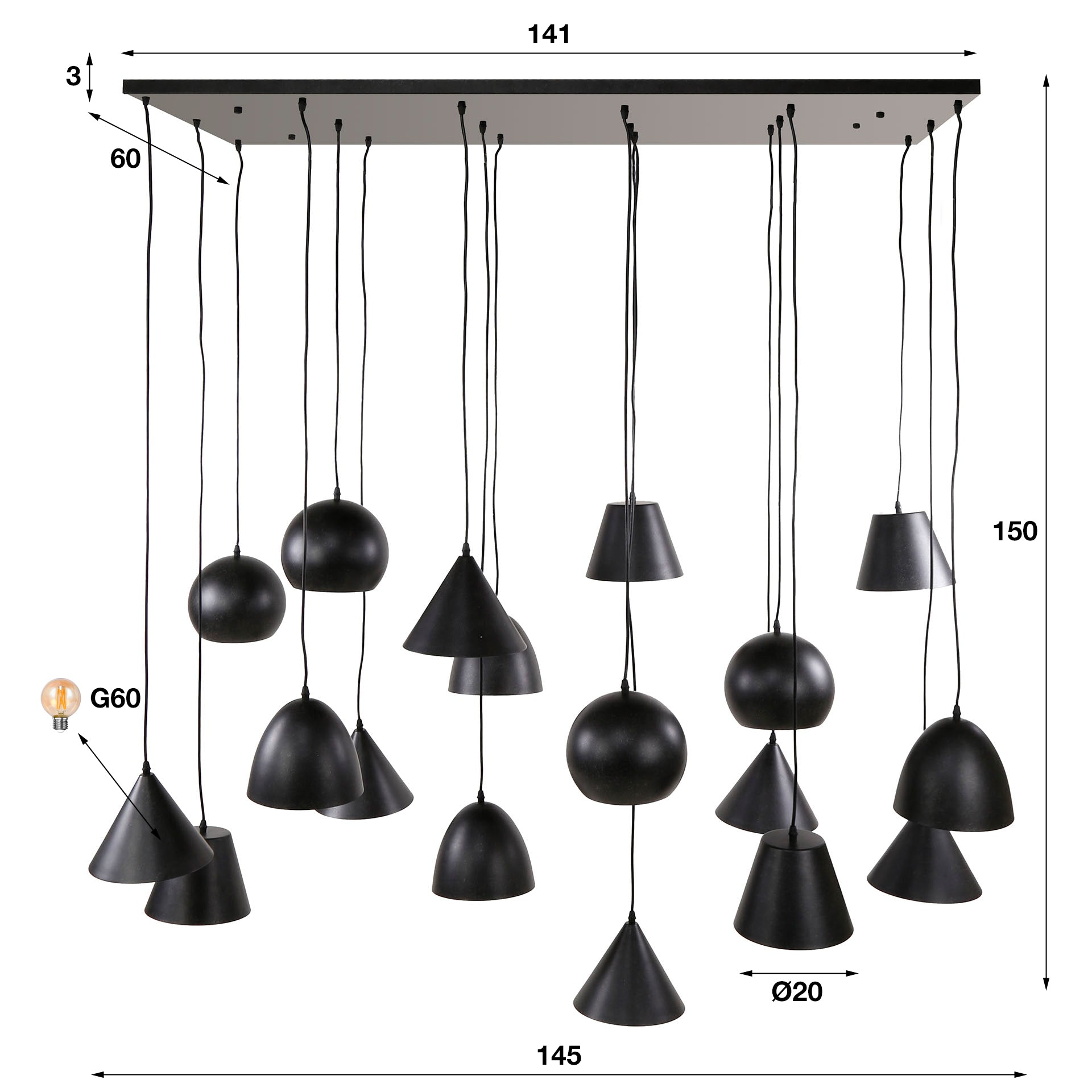 Pendelleuchte – 145×60×150 cm – Artic schwarz | Modell N0471