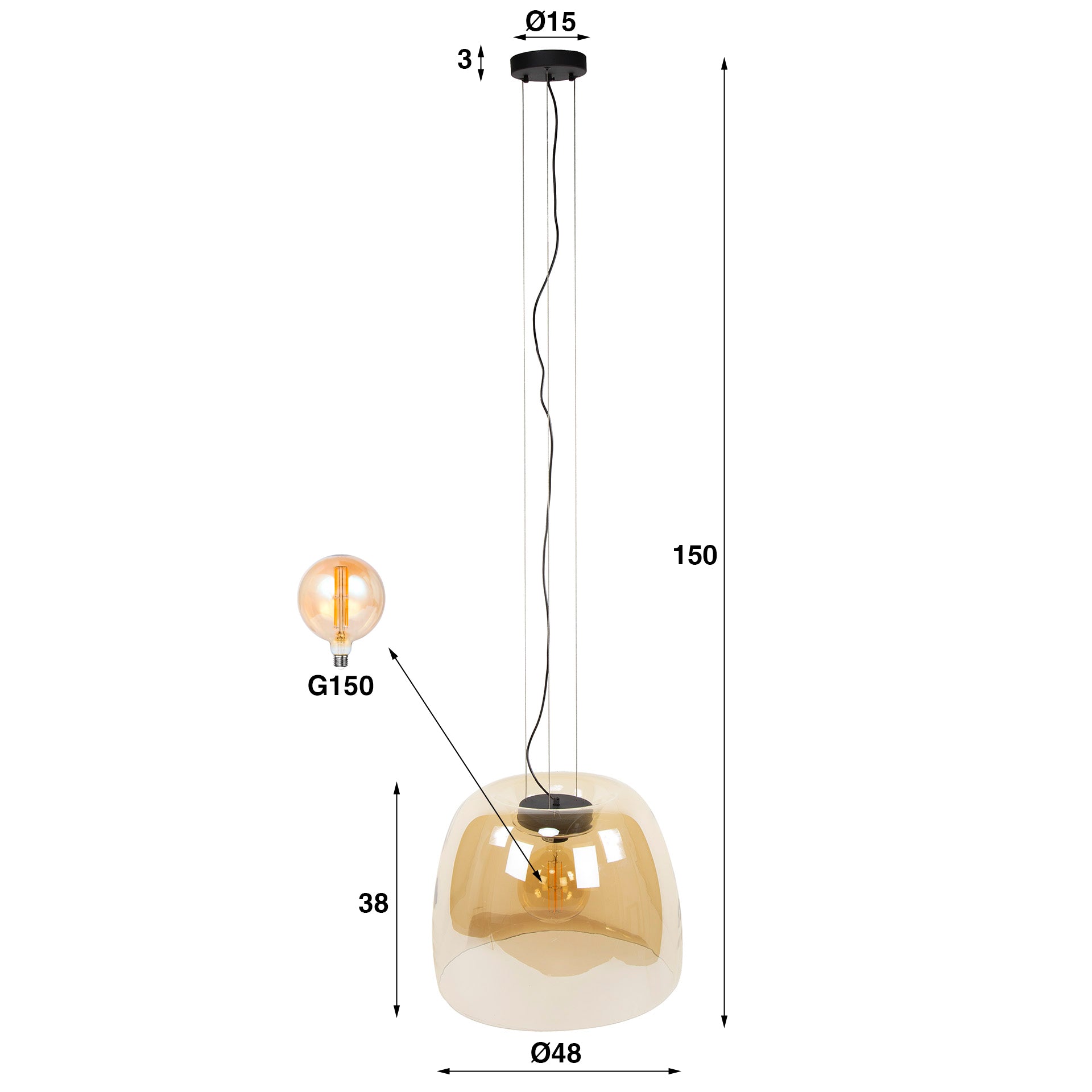 Pendelleuchte – 48×48×150 cm – Amberfarbenes Glas | Modell N0495