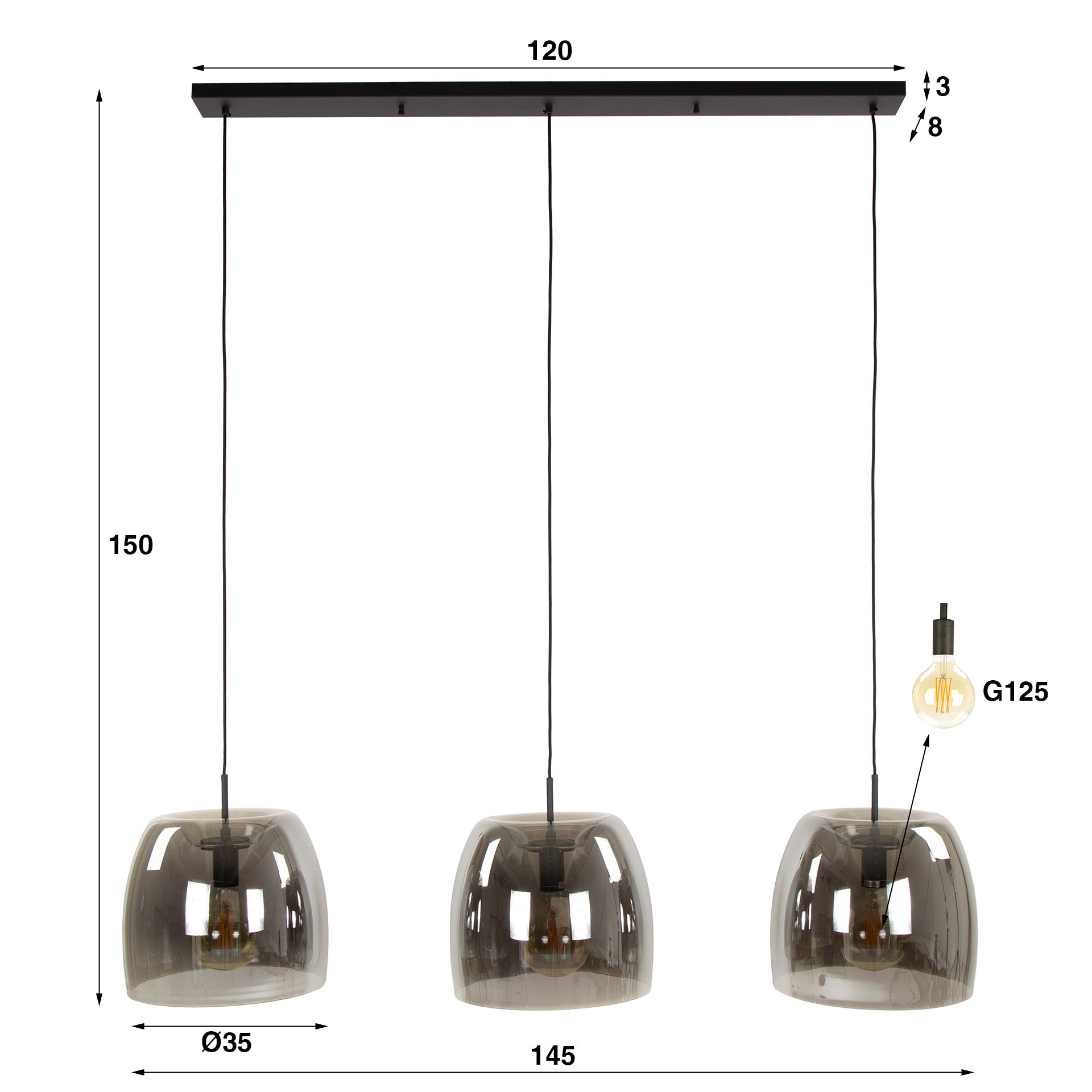 Pendelleuchte – 145×35×150 cm – Smoke grey Glas | Modell N0496