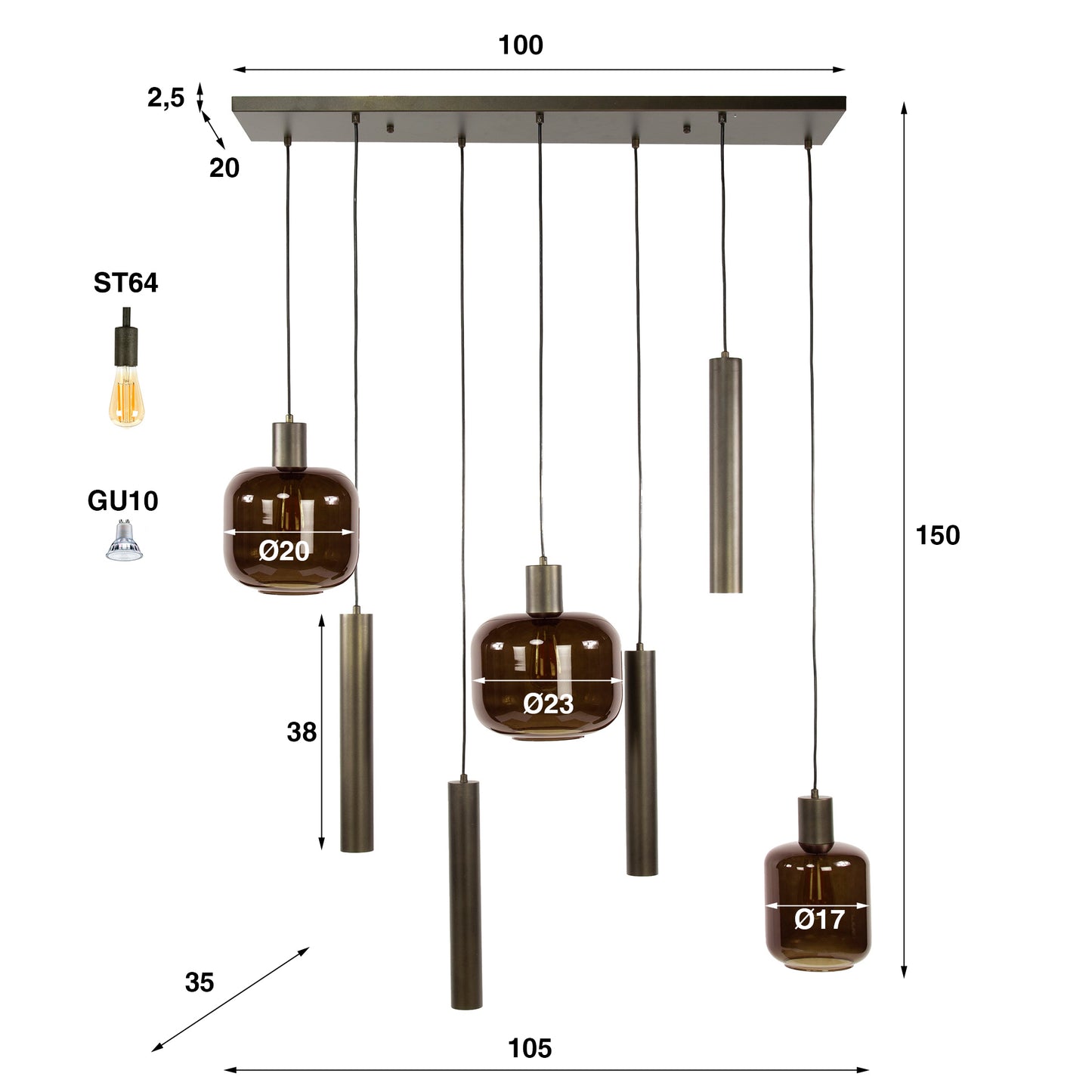Pendelleuchte – 105×35×150 cm – Sienna braun | Modell N0547