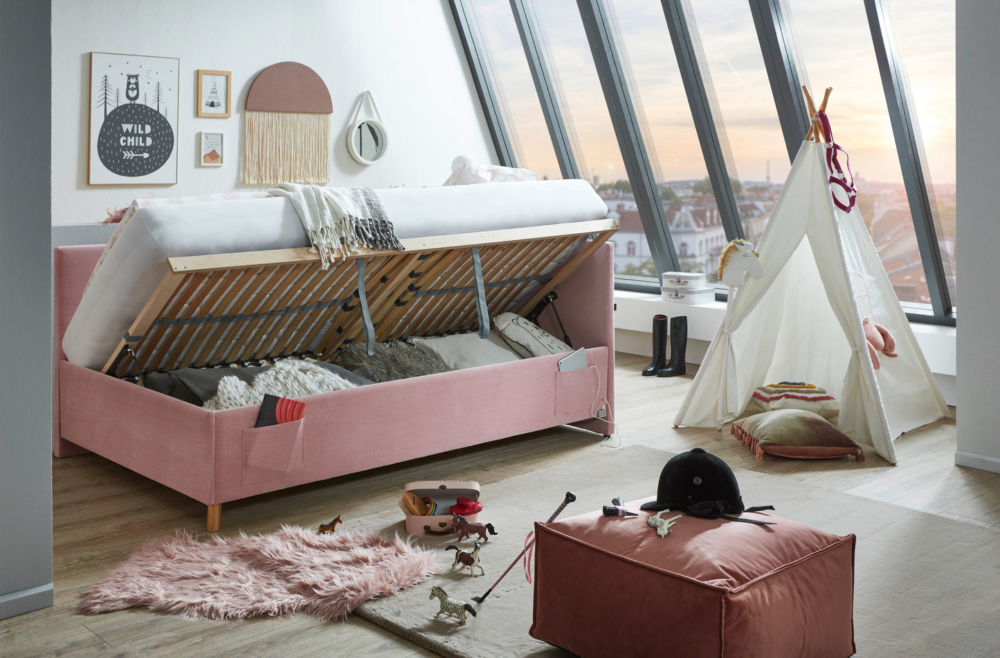 Polsterbett Cool inkl. Bettkasten & Rückenteil von meise.möbel – Rose Nr. 06 – 120x200 cm – Bettkasten / Funktion
