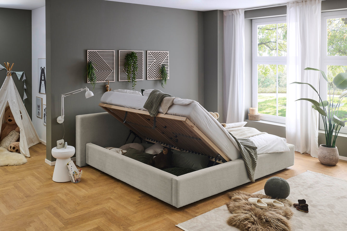 Polsterbett Cube inkl. Bettkasten von meise.möbel – Beige Nr. 100 – 240x200 cm – Bettkasten / Funktion