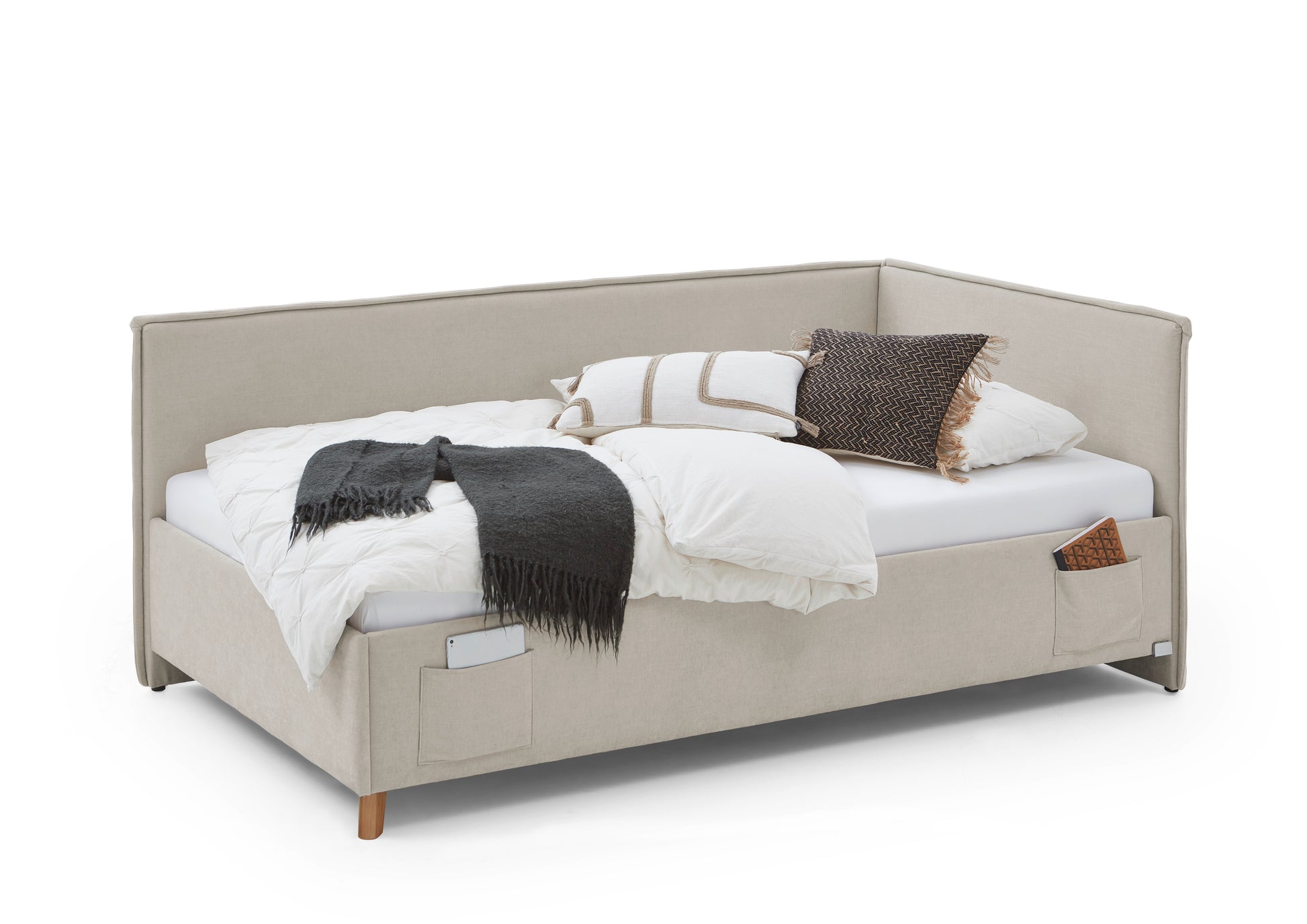 Polsterbett FUN inkl. Bettkasten & Rückenteil von meise.möbel – Beige Nr. 03 – 90x200 cm – Seitenansicht