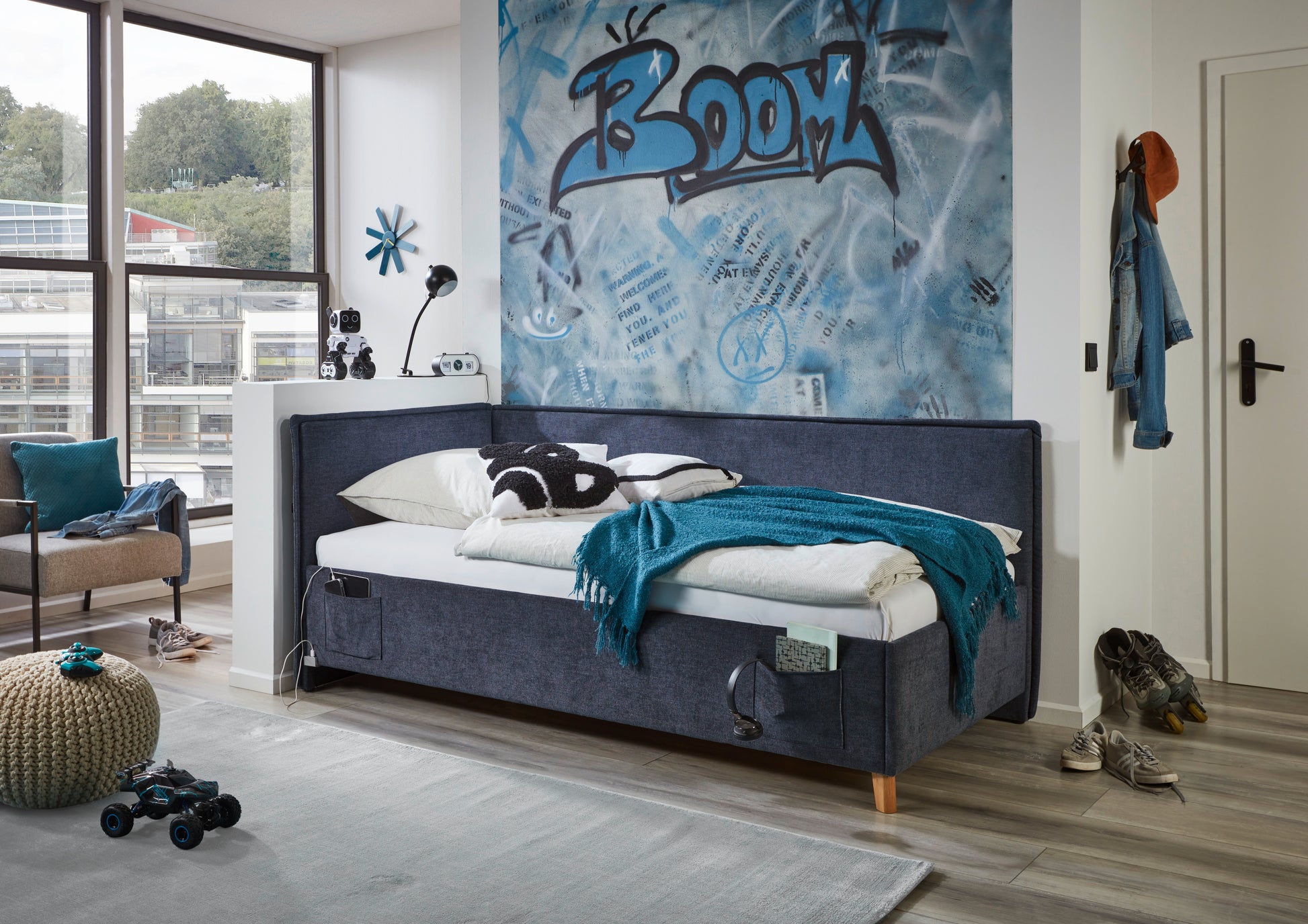 Polsterbett FUN mit Rückenteil von meise.möbel – Dunkelblau Nr. 77 – 90x200 cm – Produktbild