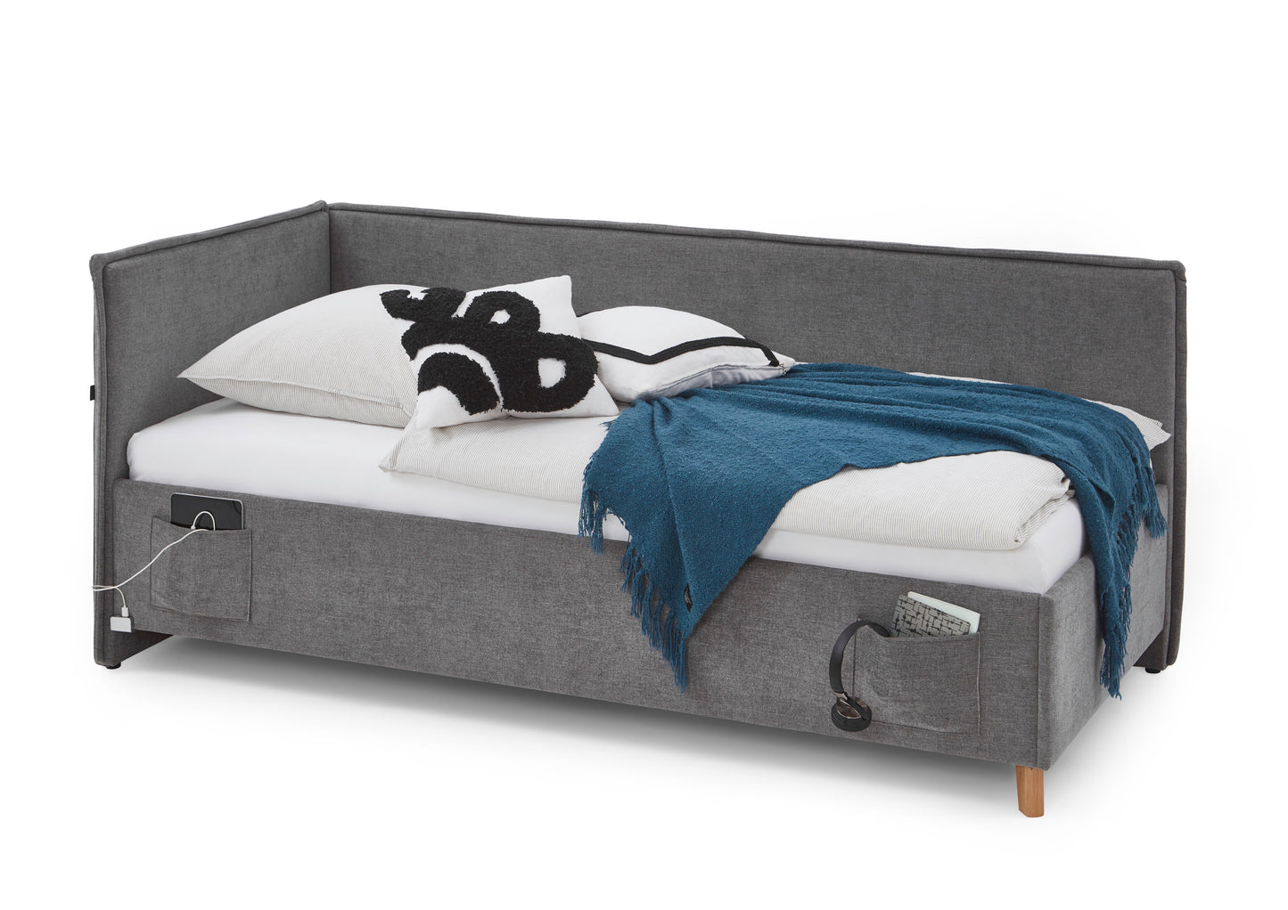 Polsterbett FUN mit Rückenteil von meise.möbel – Grau Nr. 85 – 90x200 cm – Seitenansicht